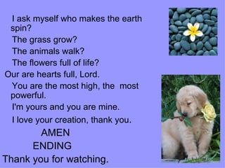 I ask myself who makes the earth spin?  The grass grow?  The animals walk? The flowers full of life? Our are hearts full, Lord. You are the most high, the  most powerful. I'm yours and you are mine. I love your creation, thank you . AMEN ENDING Thank you for watching. 