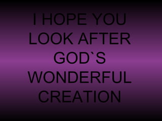 I HOPE YOU LOOK AFTER GOD`S WONDERFUL CREATION 
