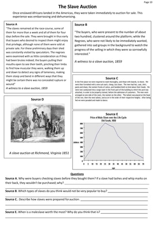 Page 10
The Slave Auction
Once enslaved Africans landed in the Americas, they were taken immediately to auction for sale. This
experience was embarrassing and dehumanising.
Questions
Source A. Why were buyers checking slaves before they bought them? If a slave had lashes and whip marks on
their back, they wouldn’t be purchased; why?
Source B. Which types of slaves do you think would not be very popular to buy?
Source C.. Describe how slaves were prepared forauction.
Source E. When is a maleslave worth the most? Why do you think that is?
Source E
Source C
Source D
A slave auction at Richmond, Virginia 1851
Source B
"The buyers, who were present to the number of about
two hundred, clustered around the platform; while the
Negroes, who were not likely to be immediately wanted,
gathered into sad groups in the background to watch the
progress of the selling in which they were so sorrowfully
interested.”
A witness to a slave auction, 1859
Source A
"The slaves remained at the race-course, some of
them for more than a week and all of them for four
days before the sale. They were brought in thus early
that buyers who desired to inspect them might enjoy
that privilege, although none of them were sold at
private sale. For these preliminary days their shed
was constantly visited by speculators. The negroes
were examined with as little consideration as if they
had been brutes indeed; the buyers pulling their
mouths open to see their teeth, pinching their limbs
to find how muscular they were, walking them up
and down to detect any signs of lameness, making
them stoop and bend in different ways that they
might be certain there was no concealed rupture or
wound”
A witness to a slave auction, 1859
 