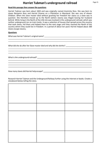 Harriet Tubman’s underground railroad Page 15
Read this passage then answer the questions
Harriet Tubman was born about 1820 and was originally named Araminta Ross. She was born to
slaves Benjamin Ross and Harriet Greene on a Plantation in Maryland. She was one of eleven
Children. When the slave master died without granting her freedom her status as a slave was in
question. She therefore moved up to the North (where slavery was illegal) leaving her husband
behind. While living in the North of the USA she was involved in the underground railroad, which was
neither underground nor on train tracks. It was a selection of houses that spread across the country
that took slaves, hid them and helped them to the next stage until they reached the North of the
country where they could live in freedom. In a period of about ten years Harriet helped about 300
slaves escape slavery.
Questions
What was Harriet Tubman’s originalname?
What did she do after her Slave master died and why did she dothis?
What is the underground railroad?
How many slaves did Harriet help escape?
Research Harriet Tubman and the Underground Railway further using the internet or books. Create a
storyboard below telling the story.
 