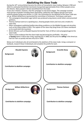 Page 16
Abolishing the Slave Trade
Olaudah Equiano
Background:
Contribution to abolition campaign:
Granville Sharp
Background:
Contribution to abolition campaign:
During the 18th
century Britain became the centre of transatlantic slave trading. Between 1700 and
1810 it is estimated that British merchants transported approximately three million people across
the Atlantic. Many people in Britain benefitted from the trade.
It was also in Britain, however, that the campaign to end slavery began. The campaign involved
many groups of people including slaves themselves, politicians and religious groups and many
ordinary people living across Britain. In 1787, the Committee for the Abolition of the Slave Trade was
set up. WilliamWilberforce represented the committee in Parliament. Techniques used were:
• The campaigners boycotted sugar (which was produced using slaves), wrote letters and presented
petitions.
• Thomas Clarkson went on a speaking tour, showing people chains and irons and a model of a
slave ship.
• Other campaigners published leaflets describing conditions on the Middle Passage and atrocities
such as the Zong incident (1781). The captain of the slave ship Zong threw 133 slaves overboard
so he could claim the insurance.
• British Africans such as Olaudah Equiano formed the 'Sons of Africa' and campaigned against the
slave trade.
• There is some evidence that the slave trade was becoming less profitable – the price
of buying slaves in Africa was rising, reaching £25 in 1800, but the price for selling in the Americas
had not risen as quickly and was only £35 in 1800.
Below are 4 individuals who all contributed to the abolition of the slave trade. Using a computer or
textbook, research these 4 individuals and complete the profile for each.
William Wilberforce
Background:
Contribution to abolition campaign:
Thomas Clarkson
Background:
Contribution to abolition campaign:
 