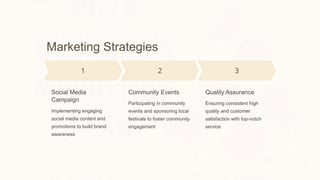Marketing Strategies
Social Media
Campaign
Implementing engaging
social media content and
promotions to build brand
awareness
Community Events
Participating in community
events and sponsoring local
festivals to foster community
engagement
Quality Assurance
Ensuring consistent high
quality and customer
satisfaction with top-notch
service
 