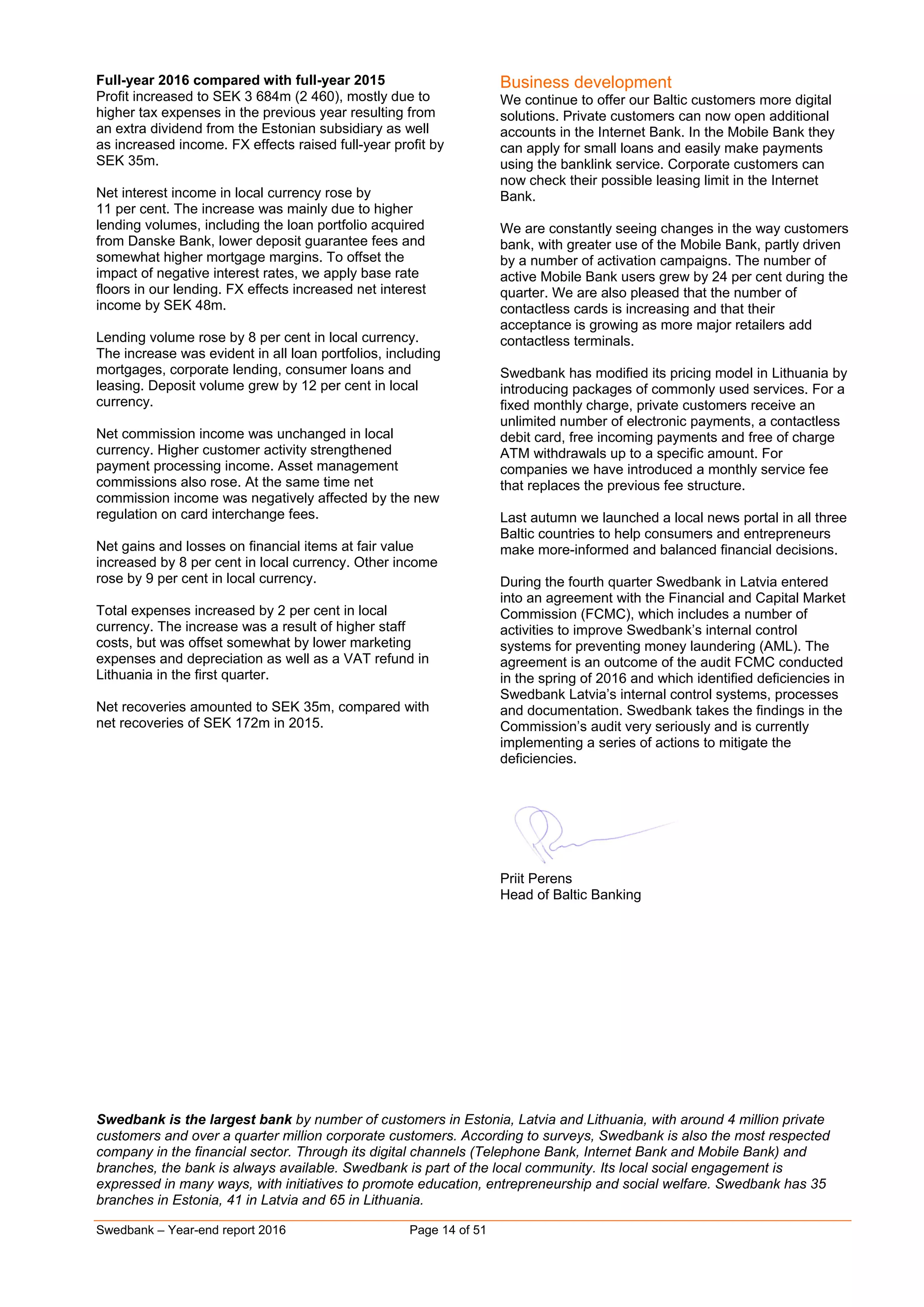 Swedbank – Year-end report 2016 Page 14 of 51
Full-year 2016 compared with full-year 2015
Profit increased to SEK 3 684m (2 460), mostly due to
higher tax expenses in the previous year resulting from
an extra dividend from the Estonian subsidiary as well
as increased income. FX effects raised full-year profit by
SEK 35m.
Net interest income in local currency rose by
11 per cent. The increase was mainly due to higher
lending volumes, including the loan portfolio acquired
from Danske Bank, lower deposit guarantee fees and
somewhat higher mortgage margins. To offset the
impact of negative interest rates, we apply base rate
floors in our lending. FX effects increased net interest
income by SEK 48m.
Lending volume rose by 8 per cent in local currency.
The increase was evident in all loan portfolios, including
mortgages, corporate lending, consumer loans and
leasing. Deposit volume grew by 12 per cent in local
currency.
Net commission income was unchanged in local
currency. Higher customer activity strengthened
payment processing income. Asset management
commissions also rose. At the same time net
commission income was negatively affected by the new
regulation on card interchange fees.
Net gains and losses on financial items at fair value
increased by 8 per cent in local currency. Other income
rose by 9 per cent in local currency.
Total expenses increased by 2 per cent in local
currency. The increase was a result of higher staff
costs, but was offset somewhat by lower marketing
expenses and depreciation as well as a VAT refund in
Lithuania in the first quarter.
Net recoveries amounted to SEK 35m, compared with
net recoveries of SEK 172m in 2015.
Business development
We continue to offer our Baltic customers more digital
solutions. Private customers can now open additional
accounts in the Internet Bank. In the Mobile Bank they
can apply for small loans and easily make payments
using the banklink service. Corporate customers can
now check their possible leasing limit in the Internet
Bank.
We are constantly seeing changes in the way customers
bank, with greater use of the Mobile Bank, partly driven
by a number of activation campaigns. The number of
active Mobile Bank users grew by 24 per cent during the
quarter. We are also pleased that the number of
contactless cards is increasing and that their
acceptance is growing as more major retailers add
contactless terminals.
Swedbank has modified its pricing model in Lithuania by
introducing packages of commonly used services. For a
fixed monthly charge, private customers receive an
unlimited number of electronic payments, a contactless
debit card, free incoming payments and free of charge
ATM withdrawals up to a specific amount. For
companies we have introduced a monthly service fee
that replaces the previous fee structure.
Last autumn we launched a local news portal in all three
Baltic countries to help consumers and entrepreneurs
make more-informed and balanced financial decisions.
During the fourth quarter Swedbank in Latvia entered
into an agreement with the Financial and Capital Market
Commission (FCMC), which includes a number of
activities to improve Swedbank’s internal control
systems for preventing money laundering (AML). The
agreement is an outcome of the audit FCMC conducted
in the spring of 2016 and which identified deficiencies in
Swedbank Latvia’s internal control systems, processes
and documentation. Swedbank takes the findings in the
Commission’s audit very seriously and is currently
implementing a series of actions to mitigate the
deficiencies.
Priit Perens
Head of Baltic Banking
Swedbank is the largest bank by number of customers in Estonia, Latvia and Lithuania, with around 4 million private
customers and over a quarter million corporate customers. According to surveys, Swedbank is also the most respected
company in the financial sector. Through its digital channels (Telephone Bank, Internet Bank and Mobile Bank) and
branches, the bank is always available. Swedbank is part of the local community. Its local social engagement is
expressed in many ways, with initiatives to promote education, entrepreneurship and social welfare. Swedbank has 35
branches in Estonia, 41 in Latvia and 65 in Lithuania.
 