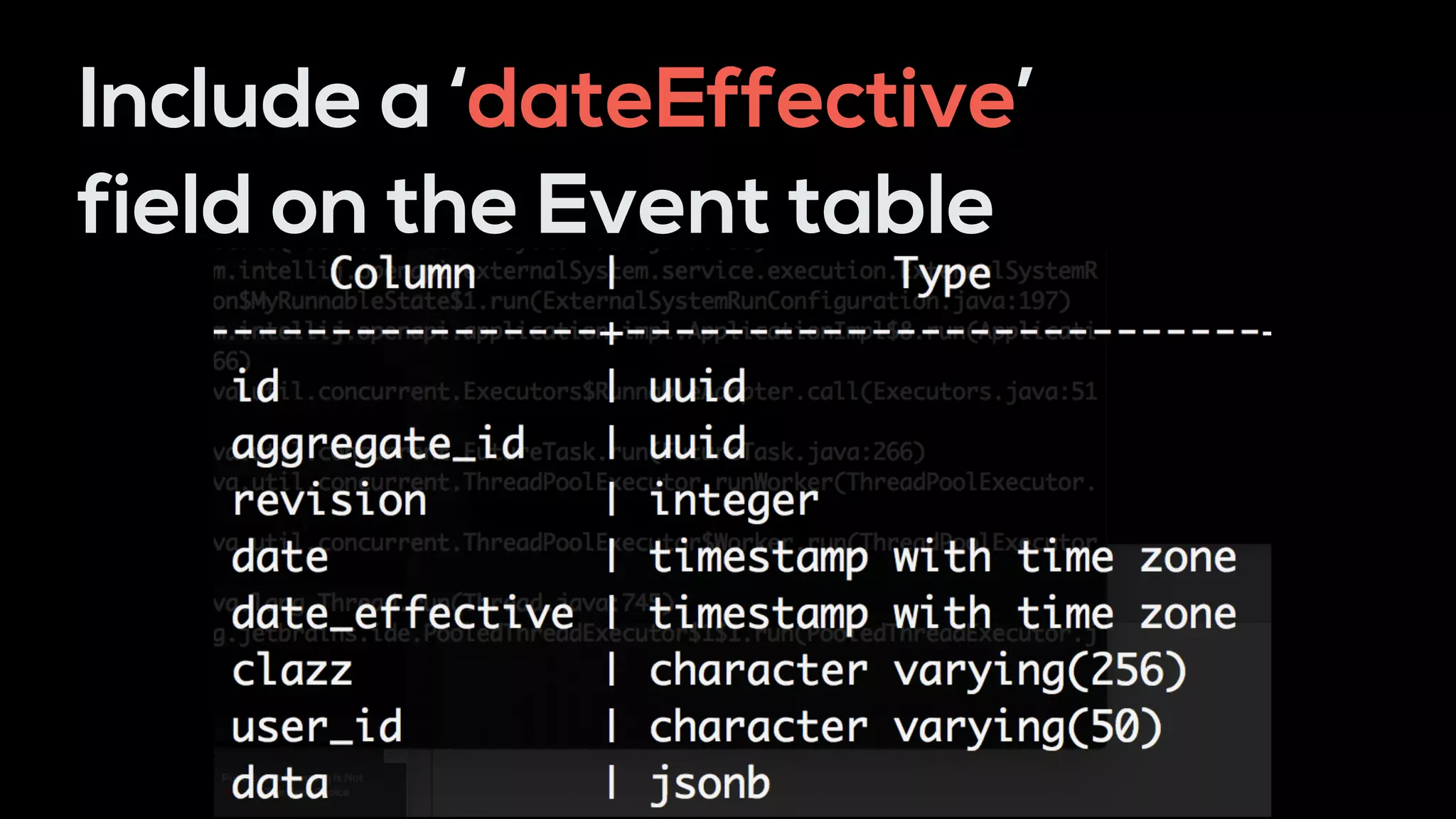 Include a ‘dateEffective’
field on the Event table
 