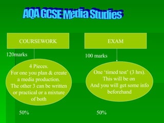AQA GCSE Media Studies COURSEWORK EXAM 4 Pieces. For one you plan & create a media production. The other 3 can be written or practical or a mixture of both One ‘timed test’ (3 hrs). This will be on  And you will get some info beforehand 50% 50% 120marks 100 marks 