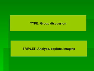 TYPE: Group discussion TRIPLET: Analyse, explore, imagine 