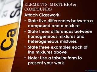 Attach Classwork
• State five differences between a
compound and a mixture
• State three differences between
homogeneous mixtures and
heterogeneous mixtures
• State three examples each of
the mixtures above
• Note: Use a tabular form to
present your work
ELEMENTS, MIXTURES &
COMPOUNDS
 