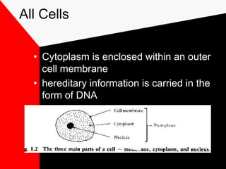 All Cells
• Cytoplasm is enclosed within an outer
cell membrane
• hereditary information is carried in the
form of DNA
 