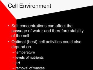 Cell Environment
• Salt concentrations can affect the
passage of water and therefore stability
of the cell
• Optimal (best) cell activities could also
depend on
– temperature
– levels of nutrients
– pH
– removal of wastes
 