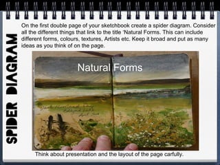 On the first double page of your sketchbook create a spider diagram. Consider
all the different things that link to the title ‘Natural Forms. This can include
different forms, colours, textures, Artists etc. Keep it broad and put as many
ideas as you think of on the page.
Think about presentation and the layout of the page carfully.
Natural Forms
 