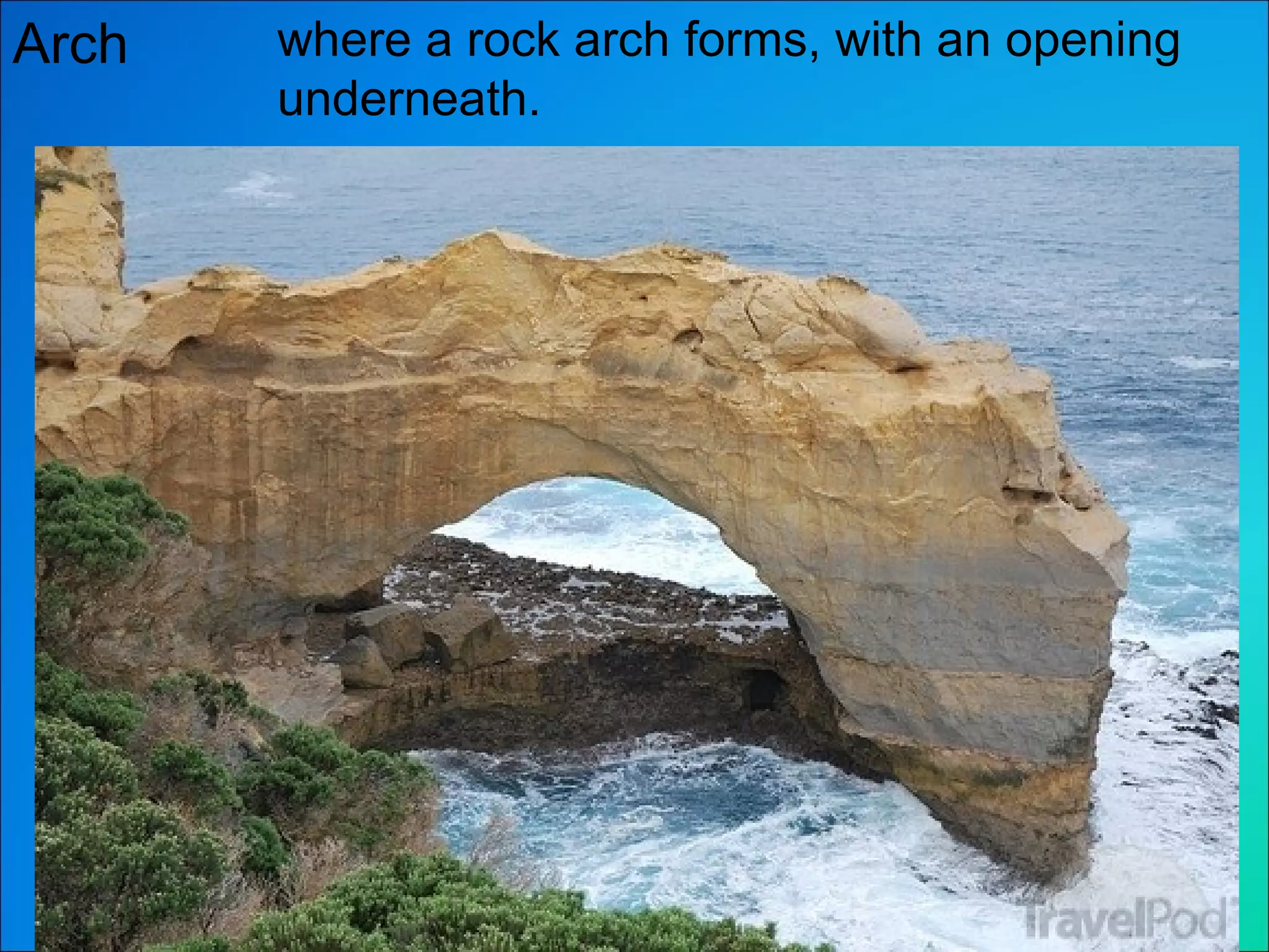 Arch where a rock arch forms, with an opening underneath. 