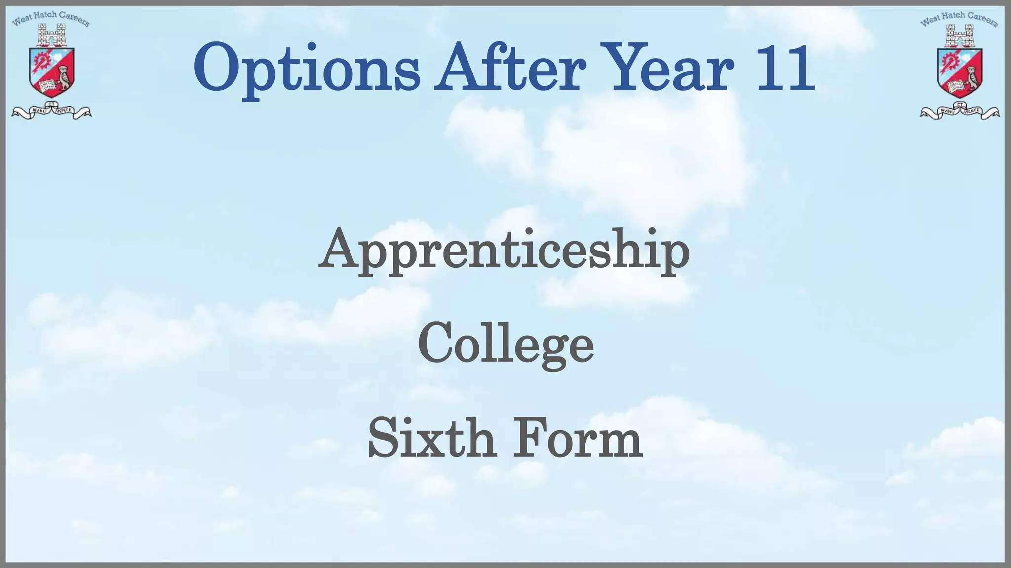 Options After Year 11
Apprenticeship
College
Sixth Form
 