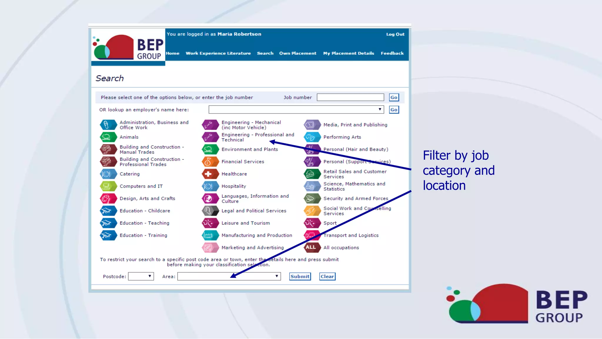 Filter by job
category and
location
 