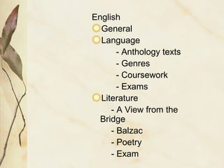 English
General
Language
- Anthology texts
- Genres
- Coursework
- Exams
Literature
- A View from the
Bridge
- Balzac
- Poetry
- Exam
 