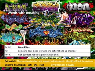 Words with meaning
Extra Adult: Check understanding and support achievement + identify off task behaviours
GROUPS 4 LEARNING SEN EAL FSM OPPORTUNITY 4 RWCM
Level Learn this...
C + Complete task. Good drawing and patient build up of colour
B + A High contrast. Fabulous presentation skills
 