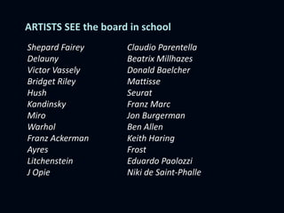 ARTISTS SEE the board in school
Shepard Fairey
Delauny
Victor Vassely
Bridget Riley
Hush
Kandinsky
Miro
Warhol
Franz Ackerman
Ayres
Litchenstein
J Opie
Claudio Parentella
Beatrix Millhazes
Donald Baelcher
Mattisse
Seurat
Franz Marc
Jon Burgerman
Ben Allen
Keith Haring
Frost
Eduardo Paolozzi
Niki de Saint-Phalle
 