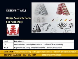 DESIGN IT WELL
Design Your letterform
See rules sheet
Extra Adult: Check understanding and support achievement + identify off task behaviours
GROUPS 4 LEARNING SEN EAL FSM OPPORTUNITY 4 RWCM
Level Learn this...
C + Complete task. Good pencil control. Confident/sharp drawing
B + A High contrast. Sharp presentation skills. Detailed annotation
 