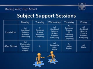 Subject Support Sessions
Monday Tuesday Wednesday Thursday Friday
Lunchtime
Art
Combined
Science
Business
Computing
Art
Combined
Science
Business
Computing
Art
Combined
Science
Biology
Business
Computing
Art
Combined
Science
RS
Chemistry
Business
Computing
Art
Combined
Science
Physics
Business
Computing
After School
Art
Photography
Combined
Science
English
Art
Art
Geography
History
Maths
Art
Maths
English
Art
Maths
 