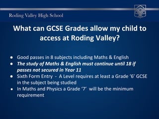 What can GCSE Grades allow my child to
access at Roding Valley?
● Good passes in 8 subjects including Maths & English
● The study of Maths & English must continue until 18 if
passes not secured in Year 11
● Sixth Form Entry - A Level requires at least a Grade ‘6’ GCSE
in the subject being studied
● In Maths and Physics a Grade ‘7’ will be the minimum
requirement
 