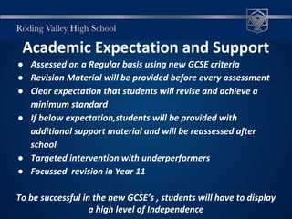 Academic Expectation and Support
● Assessed on a Regular basis using new GCSE criteria
● Revision Material will be provided before every assessment
● Clear expectation that students will revise and achieve a
minimum standard
● If below expectation,students will be provided with
additional support material and will be reassessed after
school
● Targeted intervention with underperformers
● Focussed revision in Year 11
To be successful in the new GCSE’s , students will have to display
a high level of Independence
 