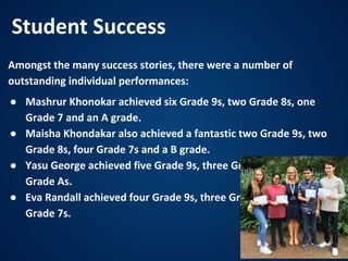 Amongst the many success stories, there were a number of
outstanding individual performances:
● Mashrur Khonokar achieved six Grade 9s, two Grade 8s, one
Grade 7 and an A grade.
● Maisha Khondakar also achieved a fantastic two Grade 9s, two
Grade 8s, four Grade 7s and a B grade.
● Yasu George achieved five Grade 9s, three Grade 8s and two
Grade As.
● Eva Randall achieved four Grade 9s, three Grade 8s and two
Grade 7s.
Student Success
 