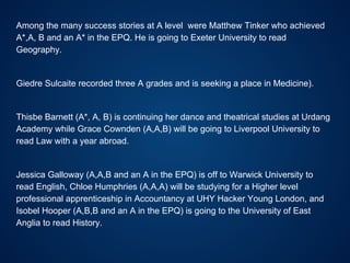 Among the many success stories at A level were Matthew Tinker who achieved
A*,A, B and an A* in the EPQ. He is going to Exeter University to read
Geography.
Giedre Sulcaite recorded three A grades and is seeking a place in Medicine).
Thisbe Barnett (A*, A, B) is continuing her dance and theatrical studies at Urdang
Academy while Grace Cownden (A,A,B) will be going to Liverpool University to
read Law with a year abroad.
Jessica Galloway (A,A,B and an A in the EPQ) is off to Warwick University to
read English, Chloe Humphries (A,A,A) will be studying for a Higher level
professional apprenticeship in Accountancy at UHY Hacker Young London, and
Isobel Hooper (A,B,B and an A in the EPQ) is going to the University of East
Anglia to read History.
 