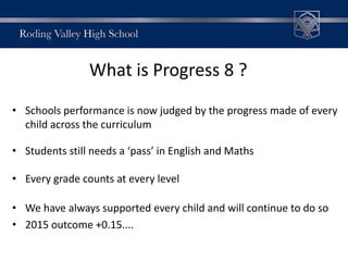 What is Progress 8 ?
• Schools performance is now judged by the progress made of every
child across the curriculum
• Students still needs a ‘pass’ in English and Maths
• Every grade counts at every level
• We have always supported every child and will continue to do so
• 2015 outcome +0.15....
 