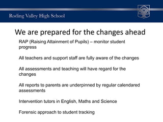 RAP (Raising Attainment of Pupils) – monitor student
progress
All teachers and support staff are fully aware of the changes
All assessments and teaching will have regard for the
changes
All reports to parents are underpinned by regular calendared
assessments
Intervention tutors in English, Maths and Science
Forensic approach to student tracking
We are prepared for the changes ahead
 