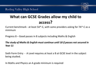 What can GCSE Grades allow my child to
access?
Current benchmark - at least 5A*-C, with some providers asking for 7A*-C as a
minimum
Progress 8 – Good passes in 8 subjects including Maths & English
The study of Maths & English must continue until 18 if passes not secured in
Year 11
Sixth Form Entry - A Level requires at least a B at GCSE level in the subject
being studied.
In Maths and Physics an A grade minimum is required
 