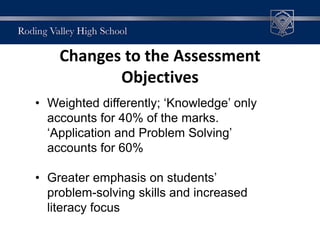 Changes to the Assessment
Objectives
• Weighted differently; ‘Knowledge’ only
accounts for 40% of the marks.
‘Application and Problem Solving’
accounts for 60%
• Greater emphasis on students’
problem-solving skills and increased
literacy focus
 