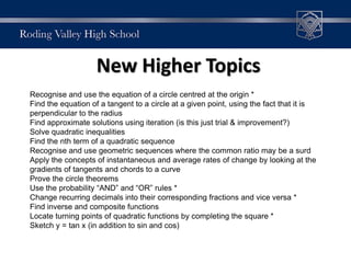 New Higher Topics
Recognise and use the equation of a circle centred at the origin *
Find the equation of a tangent to a circle at a given point, using the fact that it is
perpendicular to the radius
Find approximate solutions using iteration (is this just trial & improvement?)
Solve quadratic inequalities
Find the nth term of a quadratic sequence
Recognise and use geometric sequences where the common ratio may be a surd
Apply the concepts of instantaneous and average rates of change by looking at the
gradients of tangents and chords to a curve
Prove the circle theorems
Use the probability “AND” and “OR” rules *
Change recurring decimals into their corresponding fractions and vice versa *
Find inverse and composite functions
Locate turning points of quadratic functions by completing the square *
Sketch y = tan x (in addition to sin and cos)
 