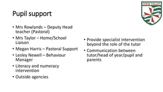 Pupil support 
• Mrs Rowlands – Deputy Head 
teacher (Pastoral) 
• Mrs Taylor – Home/School 
Liaison 
• Megan Harris – Pastoral Support 
• Lesley Newell – Behaviour 
Manager 
• Literacy and numeracy 
intervention 
• Outside agencies 
• Provide specialist intervention 
beyond the role of the tutor 
• Communication between 
tutor/head of year/pupil and 
parents 
 