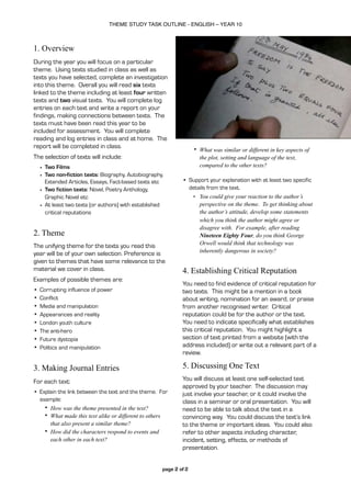 THEME STUDY TASK OUTLINE - ENGLISH – YEAR 10



1. Overview
During the year you will focus on a particular
theme. Using texts studied in class as well as
texts you have selected, complete an investigation
into this theme. Overall you will read six texts
linked to the theme including at least four written
texts and two visual texts. You will complete log
entries on each text and write a report on your
findings, making connections between texts. The
texts must have been read this year to be
included for assessment. You will complete
reading and log entries in class and at home. The
report will be completed in class.                                 • What was similar or different in key aspects of
The selection of texts will include:                                 the plot, setting and language of the text,
    • Two Films                                                      compared to the other texts?
    • Two non-fiction texts: Biography, Autobiography,
      Extended Articles, Essays, Fact-based texts etc        • Support your explanation with at least two specific
    • Two fiction texts: Novel, Poetry Anthology,              details from the text.
      Graphic Novel etc                                         • You could give your reaction to the author’s
    • At least two texts (or authors) with established             perspective on the theme. To get thinking about
      critical reputations                                         the author’s attitude, develop some statements
                                                                   which you think the author might agree or
                                                                   disagree with. For example, after reading
2. Theme                                                           Nineteen Eighty Four, do you think George
                                                                   Orwell would think that technology was
The unifying theme for the texts you read this
                                                                   inherently dangerous in society?
year will be of your own selection. Preference is
given to themes that have some relevance to the
material we cover in class.                                  4. Establishing Critical Reputation
Examples of possible themes are:
                                                             You need to find evidence of critical reputation for
•   Corrupting influence of power                            two texts. This might be a mention in a book
•   Conflict                                                 about writing, nomination for an award, or praise
•   Media and manipulation                                   from another recognised writer. Critical
•   Appearances and reality                                  reputation could be for the author or the text.
•   London youth culture                                     You need to indicate specifically what establishes
•   The anti-hero                                            this critical reputation. You might highlight a
•   Future dystopia                                          section of text printed from a website (with the
•   Politics and manipulation                                address included) or write out a relevant part of a
                                                             review.

3. Making Journal Entries                                    5. Discussing One Text
For each text:                                               You will discuss at least one self-selected text
                                                             approved by your teacher. The discussion may
• Explain the link between the text and the theme. For       just involve your teacher, or it could involve the
  example:                                                   class in a seminar or oral presentation. You will
    • How was the theme presented in the text?               need to be able to talk about the text in a
    • What made this text alike or different to others       convincing way. You could discuss the text’s link
      that also present a similar theme?                     to the theme or important ideas. You could also
    • How did the characters respond to events and           refer to other aspects including character,
      each other in each text?                               incident, setting, effects, or methods of
                                                             presentation.


                                                     page 2 of 2
 