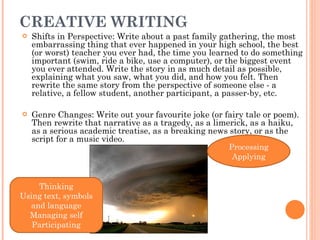 CREATIVE WRITING  Shifts in Perspective: Write about a past family gathering, the most embarrassing thing that ever happened in your high school, the best (or worst) teacher you ever had, the time you learned to do something important (swim, ride a bike, use a computer), or the biggest event you ever attended. Write the story in as much detail as possible, explaining what you saw, what you did, and how you felt. Then rewrite the same story from the perspective of someone else - a relative, a fellow student, another participant, a passer-by, etc. Genre Changes: Write out your favourite joke (or fairy tale or poem). Then rewrite that narrative as a tragedy, as a limerick, as a haiku, as a serious academic treatise, as a breaking news story, or as the script for a music video. Thinking Using text, symbols and language Managing self Participating Processing Applying 