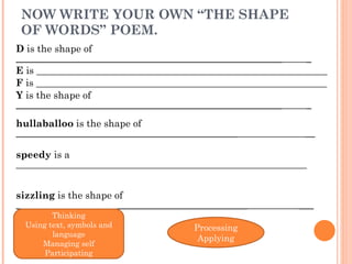 NOW WRITE YOUR OWN “THE SHAPE OF WORDS” POEM. D  is the shape of  ______________________________________________________  _   E  is ___________________________________________________________ F  is ___________________________________________________________ Y  is the shape of  ______________________________________________________  _ hullaballoo  is the shape of  _____________________________________________  __ speedy  is a ___________________________________________________________ sizzling  is the shape of  _______________________________________________  ___ Thinking Using text, symbols and language Managing self Participating Processing Applying 