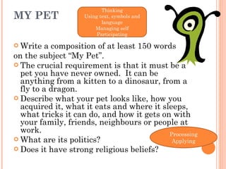 MY PET Write a composition of at least 150 words  on the subject “My Pet”. The crucial requirement is that it must be a pet you have never owned.  It can be anything from a kitten to a dinosaur, from a fly to a dragon.  Describe what your pet looks like, how you acquired it, what it eats and where it sleeps, what tricks it can do, and how it gets on with your family, friends, neighbours or people at work.  What are its politics?  Does it have strong religious beliefs? Thinking Using text, symbols and language Managing self Participating Processing Applying 