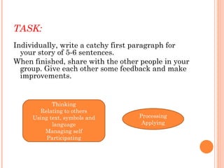 TASK: Individually, write a catchy first paragraph for your story of 5-6 sentences. When finished, share with the other people in your group. Give each other some feedback and make improvements. Thinking Relating to others Using text, symbols and language Managing self Participating Processing Applying 