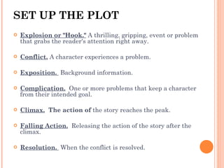 SET UP THE PLOT  Explosion or "Hook."   A thrilling, gripping, event or problem that grabs the reader's attention right away.  Conflict.  A character experiences a problem. Exposition.    Background information. Complication.   One or more problems that keep a character from their intended goal.  Climax.   The action of  the story reaches the peak.  Falling Action.    Releasing the action of the story after the climax.  Resolution.    When the conflict is resolved.  