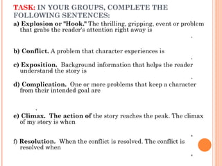 TASK:  IN YOUR GROUPS, COMPLETE THE FOLLOWING SENTENCES: a ) Explosion or "Hook."  The thrilling, gripping, event or problem that grabs the reader's attention right away is  .  b) Conflict.  A problem that character experiences is  . c) Exposition.   Background information that helps the reader understand the story is  . d) Complication.   One or more problems that keep a character from their intended goal are  .  e) Climax.  The action of  the story reaches the peak. The climax of my story is when  . f)  Resolution.   When the conflict is resolved. The conflict is resolved when  . 