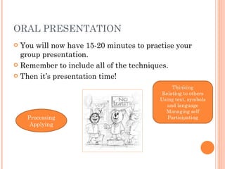 ORAL PRESENTATION You will now have 15-20 minutes to practise your group presentation. Remember to include all of the techniques. Then it’s presentation time! Thinking Relating to others Using text, symbols and language Managing self Participating Processing Applying 