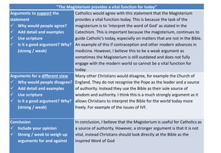 “The Magisterium provides a vital function for today”
Arguments to support the
statement
 Why would people agree?
 Add detail and examples
 Use scripture
 Is it a good argument? Why?
(strong / weak)
Catholics would agree with this statement that the Magisterium
provides a vital function today. This is because the task of the
magisterium is to ‘interpret the word of God’ as stated in the
Catechism. This is important because the magisterium, continues to
guide Catholic’s today, especially on matters that are not in the Bible.
An example of this if contraception and other modern advances in
medicine. However, I believe this to be a weak argument as
sometimes the Magisterium is still outdated and does not fully
engage with the modern world so cannot be a vital function for
today.
Arguments for a different view
 Why would people disagree?
 Add detail and examples
 Use scripture
 Is it a good argument? Why?
(strong / weak)
Many other Christians would disagree, for example the Church of
England. They do not recognise the Pope as the leader and a source
of authority. Instead they use the Bible as their sole source of
wisdom and authority. I think this is a much strongly argument as it
allows Christians to interpret the Bible for the world today more
freely. For example of the issues of IVF.
Conclusion
 Include your opinion
 Strong / weak to weigh up
arguments for and against
In conclusion, I believe that the Magisterium is useful for Catholics as
a source of authority. However, a stronger argument is that it is not
vital, instead Christians should look directly at the Bible as the
inspired Word of God
 