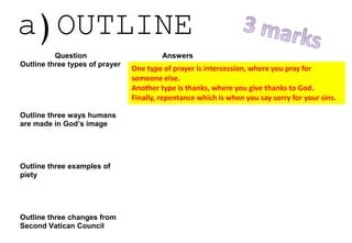 a)OUTLINE
wants to you write 3 sentences!! A
sentence for each example.
Question Answers
Outline three types of prayer
Outline three ways humans
are made in God’s image
Outline three examples of
piety
Outline three changes from
Second Vatican Council
One type of prayer is intercession, where you pray for
someone else.
Another type is thanks, where you give thanks to God.
Finally, repentance which is when you say sorry for your sins.
 