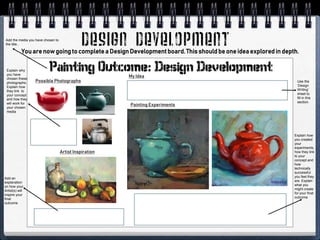 You are now goingto complete a DesignDevelopmentboard.This shouldbe one idea exploredin depth.
Possible Photographs
Artist...