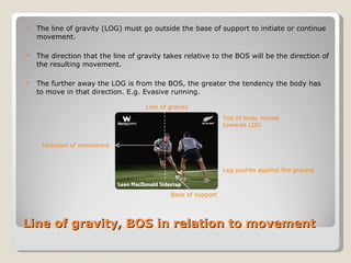 Line of gravity, BOS in relation to movement The line of gravity (LOG) must go outside the base of support to initiate or continue movement. The direction that the line of gravity takes relative to the BOS will be the direction of the resulting movement. The further away the LOG is from the BOS, the greater the tendency the body has to move in that direction. E.g. Evasive running. Line of gravity Leg pushes against the ground Top of body moves towards LOG Direction of movement Base of support 