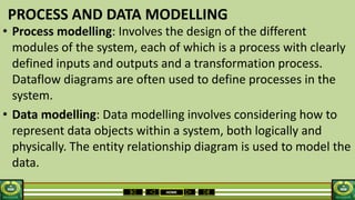 HOME
PROCESS AND DATA MODELLING
• Process modelling: Involves the design of the different
modules of the system, each of which is a process with clearly
defined inputs and outputs and a transformation process.
Dataflow diagrams are often used to define processes in the
system.
• Data modelling: Data modelling involves considering how to
represent data objects within a system, both logically and
physically. The entity relationship diagram is used to model the
data.
 