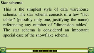 HOME
Star schema
This is the simplest style of data warehouse
schema. The star schema consists of a few "fact
tables" (possibly only one, justifying the name)
referencing any number of "dimension tables".
The star schema is considered an important
special case of the snowflake schema.
 