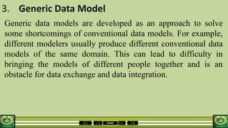 HOME
3. Generic Data Model
Generic data models are developed as an approach to solve
some shortcomings of conventional data models. For example,
different modelers usually produce different conventional data
models of the same domain. This can lead to difficulty in
bringing the models of different people together and is an
obstacle for data exchange and data integration.
 
