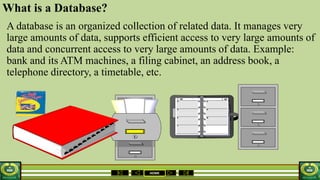 HOME
What is a Database?
A database is an organized collection of related data. It manages very
large amounts of data, supports efficient access to very large amounts of
data and concurrent access to very large amounts of data. Example:
bank and its ATM machines, a filing cabinet, an address book, a
telephone directory, a timetable, etc.
 