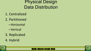 HOME
Physical Design
Data Distribution
1. Centralized
2. Partitioned
–Horizontal
–Vertical
3. Replicated
4. Hybrid
 