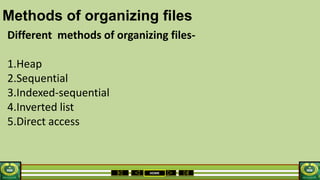 HOME
Methods of organizing files
Different methods of organizing files-
1.Heap
2.Sequential
3.Indexed-sequential
4.Inverted list
5.Direct access
 